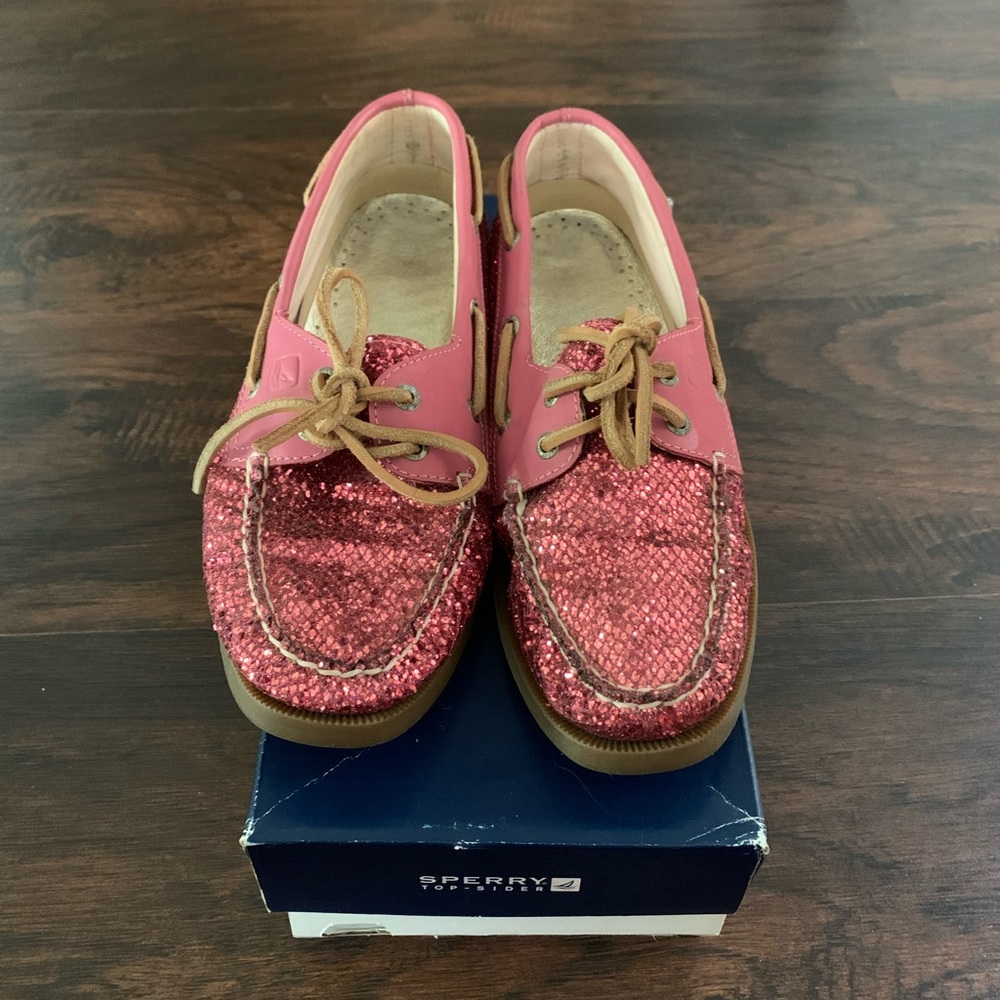Sperry Pink Sequin Boat Loafers with Tan Laces